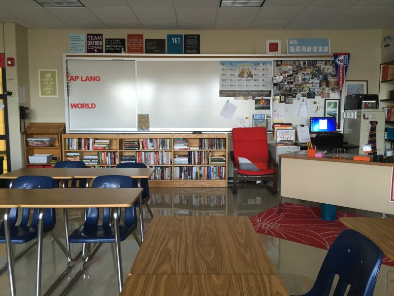 Non-fiction shelves of my classroom library. Left board for homework, right board for my persona space, and the middle I